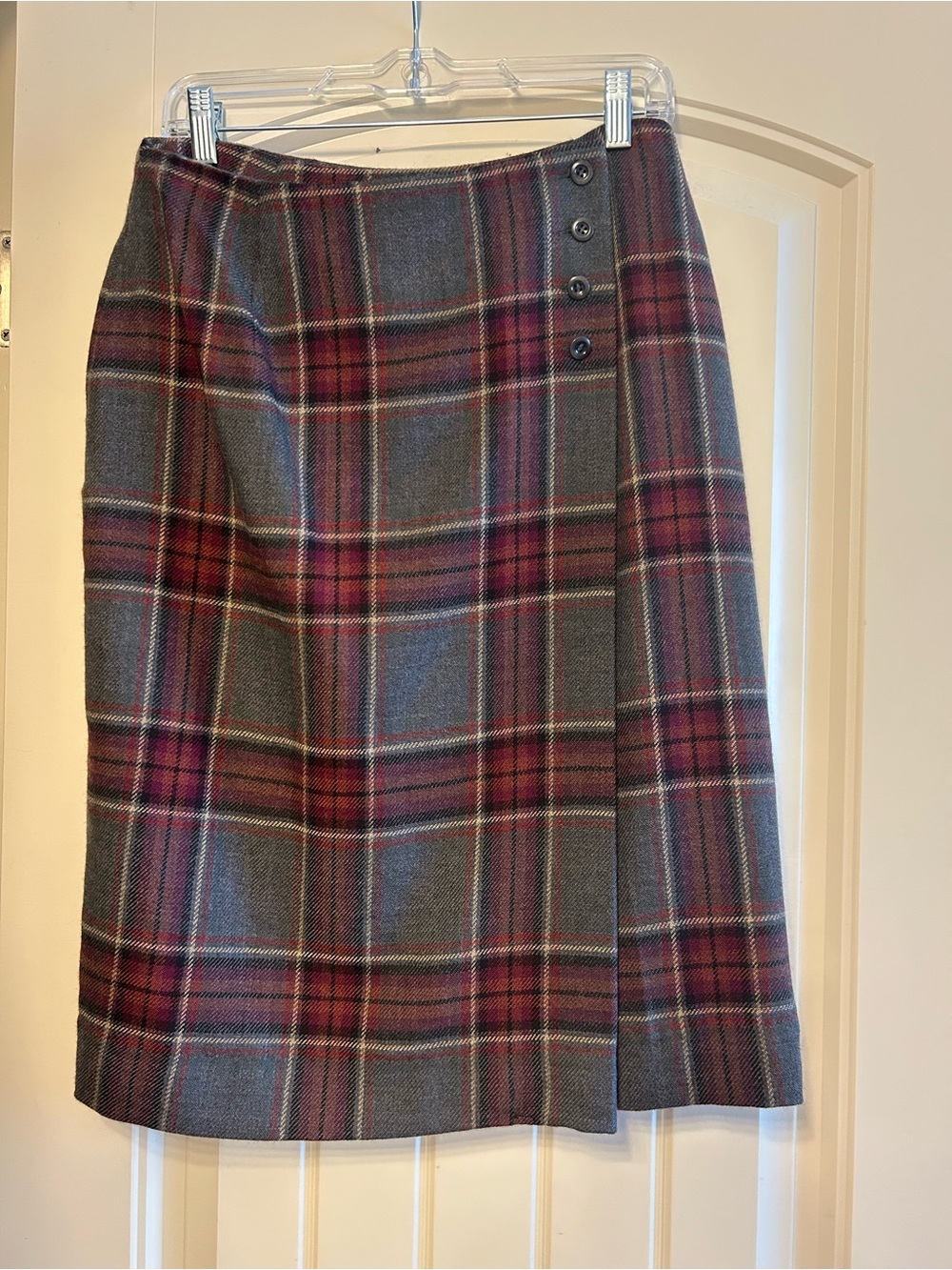 Valerie Stevens Gray and Burgundy Plaid Wrap Skirt- read description for size